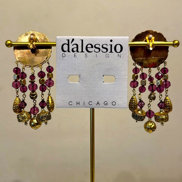 80s style Vintage Dalessio Design Chicago Purple & Gold Dangle Earrings Clip Ons - Picture 2 of 8